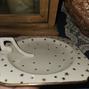 Antique Moriyama Morimachi Plate W/ Handle Gold Hand Paint Stars Japan